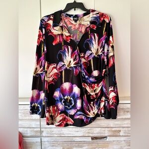 🌺 NWT INC Floral Faux Wrap Top 3X Plus Black Multicolor Stretch Blouse